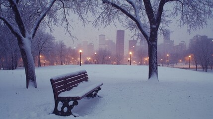 A city park bench half-buried in snow, with trees around it frosted