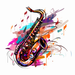 Obraz premium Saxophone and Music Notes Poster Illustration