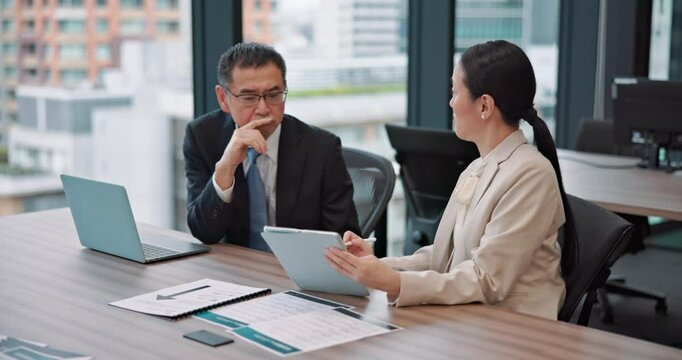 Tablet, planning and review with business people in Japanese office for teamwork, feedback and digital report. Network, brainstorming and proposal with asian employees in agency for research project