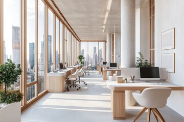 Fototapeta premium Modern office interior with large windows overlooking city skyline. (3)