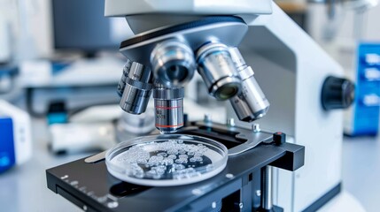 Close-up of stem cells in a petri dish under a microscope, symbolizing medical research and innovation, with scientific equipment in the background.	