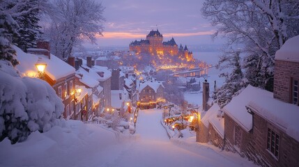 Naklejka premium Snowy Quebec City streets at sunset, with the Citadelle in the background.