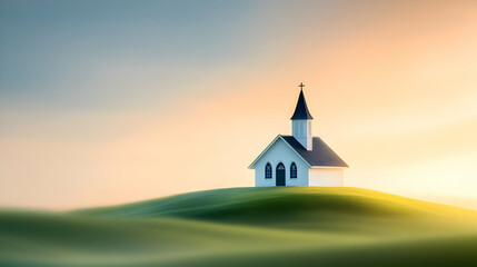 Fototapeta premium Serene church on green hill at sunrise illustration