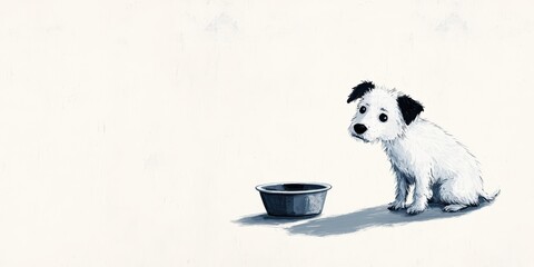 Cute Cartoon Puppy Sitting Beside an Empty Food Bowl, Eliciting Emotions of Hunger and Loneliness, Perfect for Animal Welfare and Pet Care Themes in Illustrations