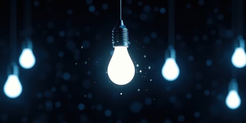 Bright and Glowing Light Bulb Hanging in a Dark Environment Surrounded by Soft Bokeh Effects and Subtle Light Particles Creating a Dreamy Atmosphere