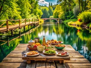 Obraz premium Serene Food Photography with a Rustic Trestle Over a Clear Lake Featuring Fresh Local Ingredients and Beautifully Styled Dishes in a Tranquil Outdoor Setting