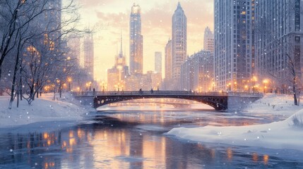 A frozen city river with bridges and buildings blanketed in snow,