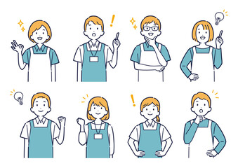 上を向いて明るい表情をするエプロン姿の男女のイラストセット