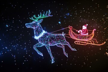 An electrifying neon wireframe sleigh led by a reindeer soaring through the night sky on Christmas morning against a black background.