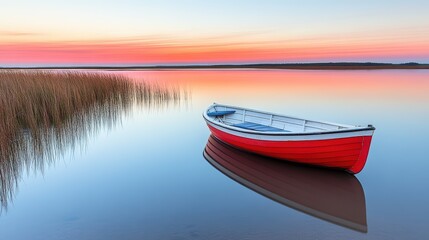 Naklejka premium Serene Sunset Over Calm Waters with a Red Boat Anchored by Tall Grass, Capturing Tranquility and Natural Beauty in a Peaceful Landscape