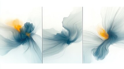 A set of three abstract acrylic paintings, with soft blue, green, yellow, and gray as the main tones, flowing brushstrokes and organic shapes, minimalist art style, emphasizing continuity and harmony.