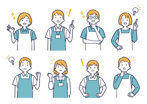 上を向いて明るい表情をするエプロン姿の男女のイラストセット