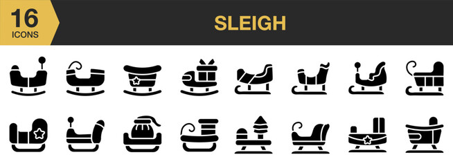 Sleigh solid icon set. Includes Sleigh, Santa, Gift, Bag, Christmas, Winter, Noel, and More. Solid icons vector collection.