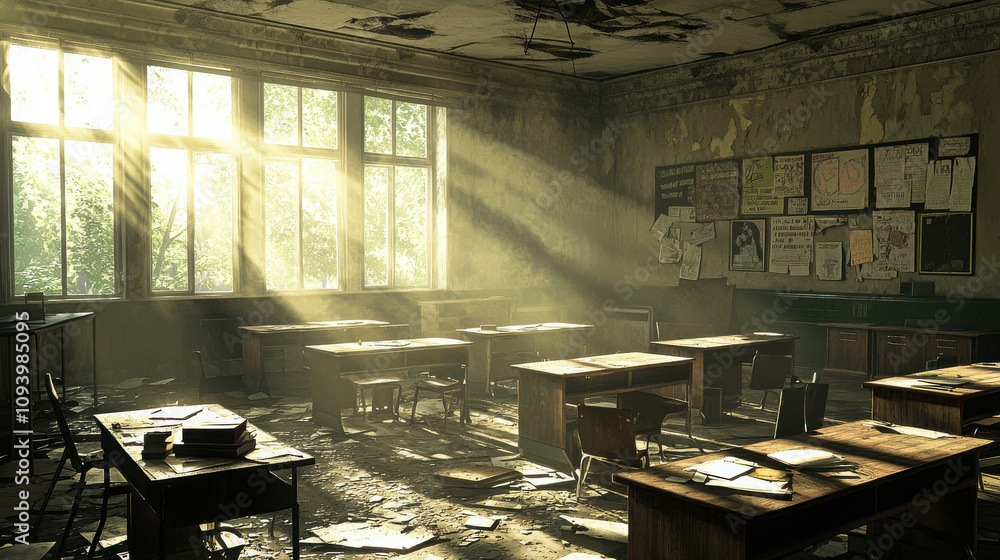 Poster abandoned classroom with desks in disarray and faded walls illuminated by sunlight streaming through