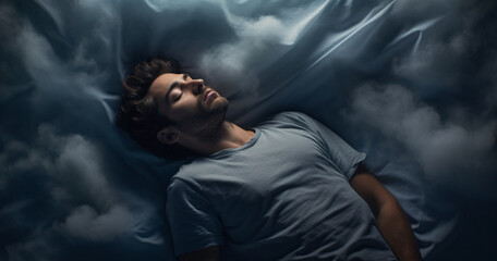 Young man experiences a moment of deep relaxation while lying on a bed resembling soft clouds, surrounded by a dreamlike atmosphere at night