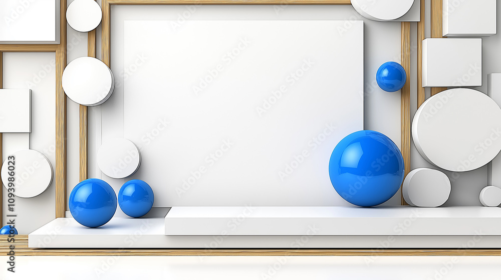 Poster modern display with blue spheres and geometric shapes on white background