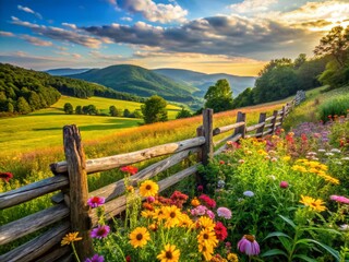 Fototapeta premium Serene Landscape with an Old Picket Fence Surrounded by Wildflowers and Lush Greenery Under a Bright Blue Sky, Capturing the Charm of Rural Living and Nature's Beauty