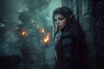 Fototapeta premium Beautiful dark elf woman on ancient castle in the fog background.