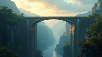 Obraz premium A stunning stone bridge spans a peaceful mountain valley with lush greenery and a flowing river below, bathed in soft morning light, symbolizing connection and tranquility.