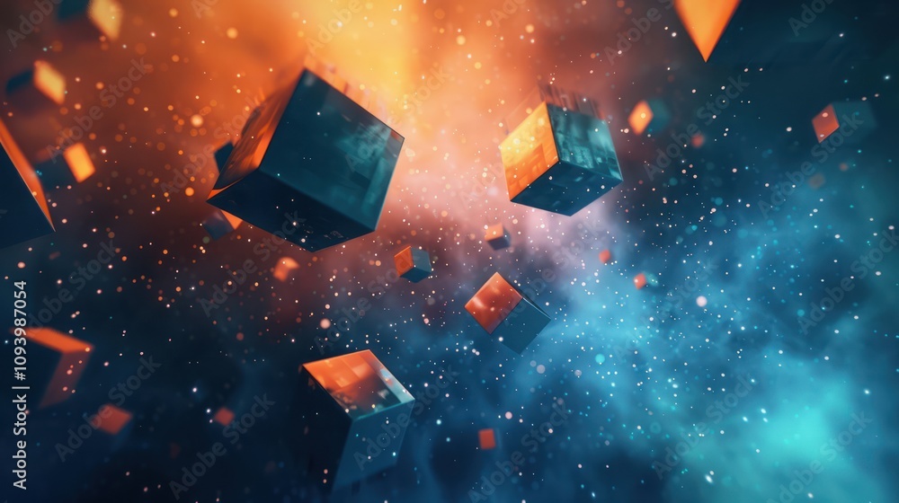 Poster abstract background image with cubes in blue and orange tones in space.