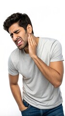 Young man experiencing toothache: painful facial expression and discomfort