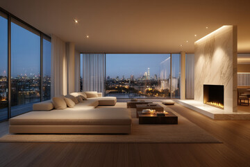 The living room in the city penthouse overlooks the night view of London, minimalism, Minotti furniture, a sofa, a coffee table, a large carpet, a marble TV background opposite, 