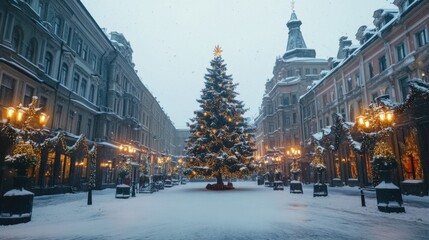 A snow-covered city square with a large Christmas tree in the center,