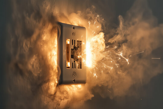 Smoldering and sparking socket on the wall, short circuit background..