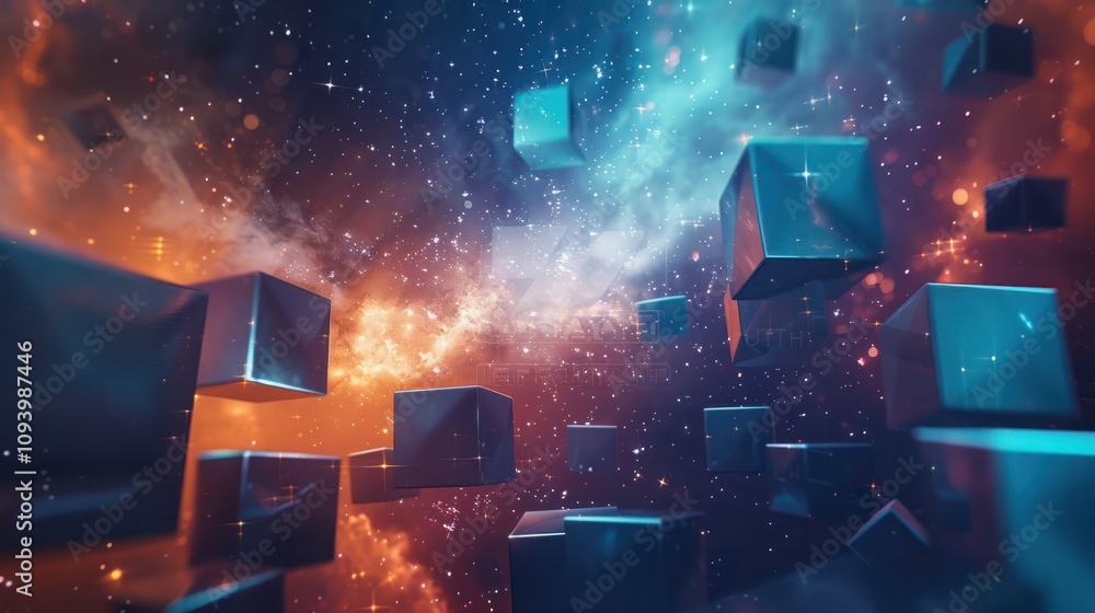 Poster abstract background image with cubes in blue and orange tones in space.