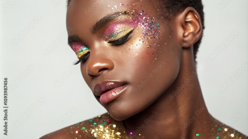 Poster an energetic and captivating portrait depicting a person whose glow comes from shimmering glitter on