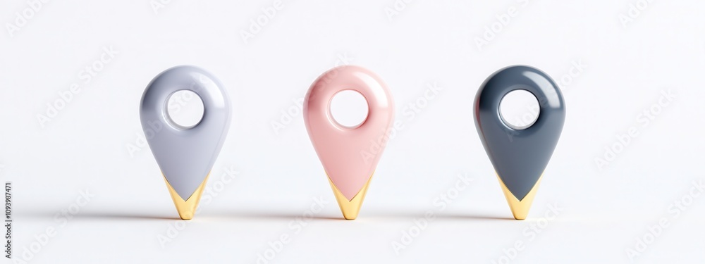 Poster set of three 3d geolocation pins in elegant two-tone designs