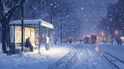 A snowy city boulevard with tram tracks barely visible under the snow,