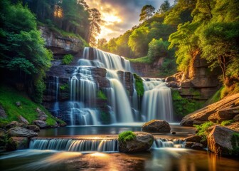 Fototapeta premium Serene Low Light Photography of a Majestic Waterfall Surrounded by Lush Green Trees on the Riverbank at Dusk, Capturing the Tranquility of Nature's Beauty
