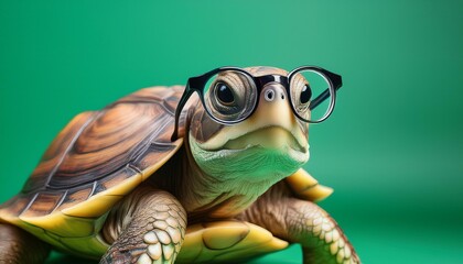 Obraz premium Smart and Shell-acious: A Turtle in Glasses on a Vibrant Green Canvas