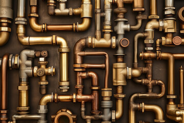 A piping system made of brass pipes on a flat abstract background...