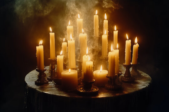 Many burning candles on a bronze altar background..