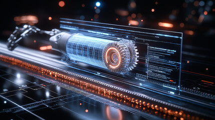 Futuristic robotic arm with holographic display and technology elements