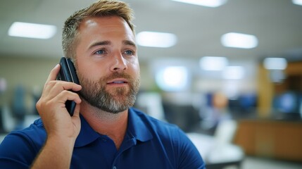 IT professional in a blue polo shirt talking to a client on a cell phone while sitting in a modern office, showcasing communication, technology, and professionalism in a work setting.