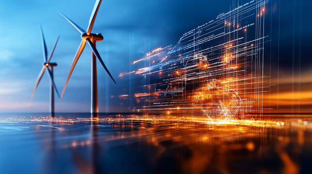 Futuristic wind turbine farm with digital elements and vibrant colors