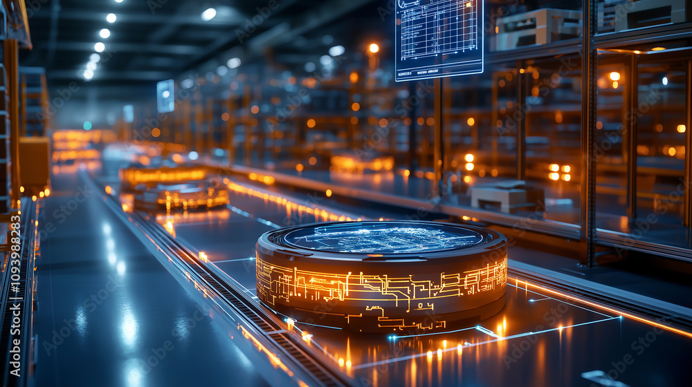 Poster high tech warehouse with autonomous robots and glowing circuits