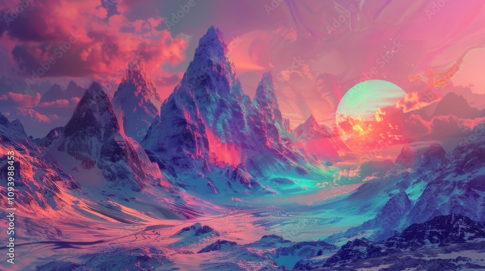Poster a landscape of trippy mountains that seem to shift and change in shape and size with each passing mo