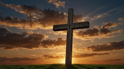 Christian Cross on the field with sunset sky background, ai