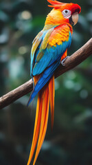 Obraz premium A beautiful bird with vibrant feathers, resembling the parrot's plumage in color and pattern. The head is blue or red, while its body has orange to yellow hues, resembling scales on top of it.