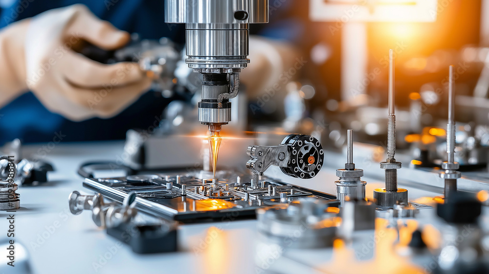 Poster Robotic arm calibrating precision tools in modern workshop