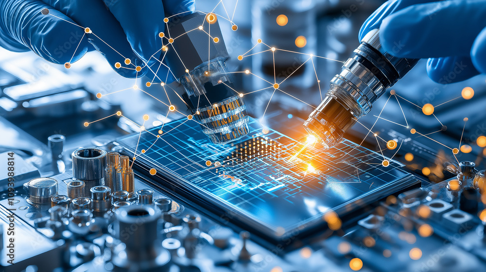 Leinwandbilder engineers calibrating robotic arm with precision tools and technology