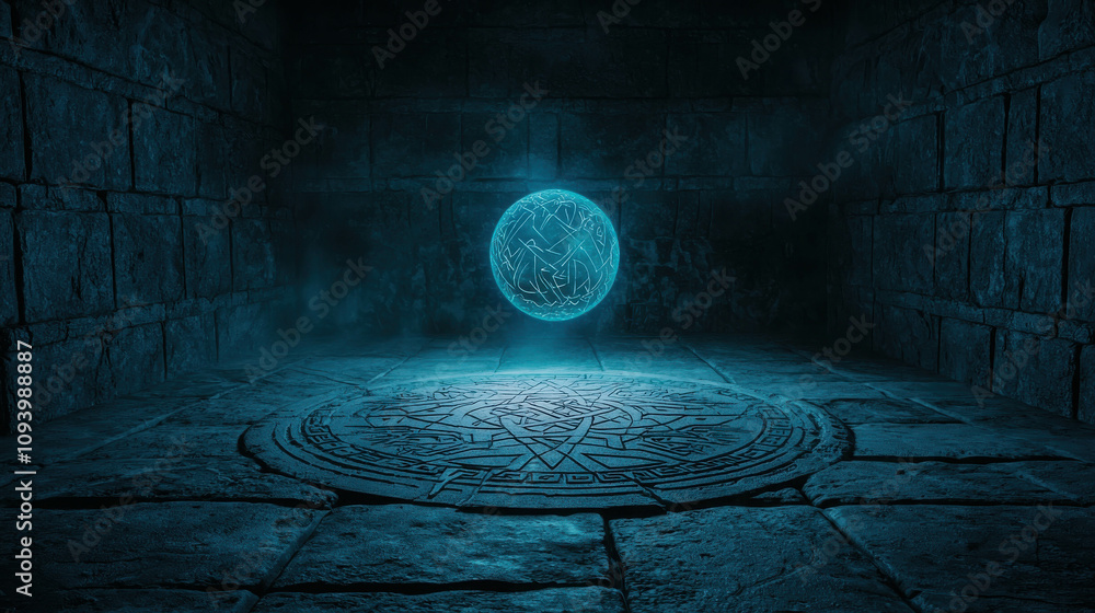 Poster ancient arcane altar in a dimly lit chamber with a mysterious floating orb and intricate stone patte