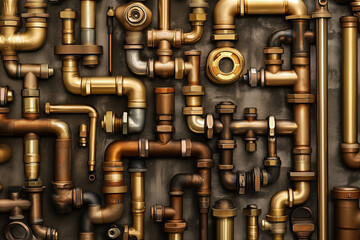 A piping system made of brass pipes on a flat abstract background...