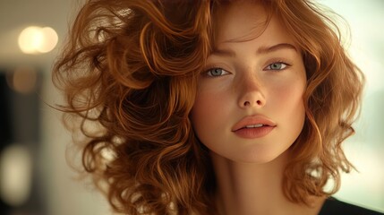 Fototapeta premium Curly-haired client blow-dries her hair with a diffuser, which gives her curls more volume and bounce, while preserving their natural texture without frizz.