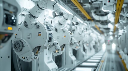 Fototapeta premium Industrial Robot Arms Assemble Lithium-Ion EV Battery Pack. Row of White Robotic Arms at Automated Production Line at Bright Modern Factory.
