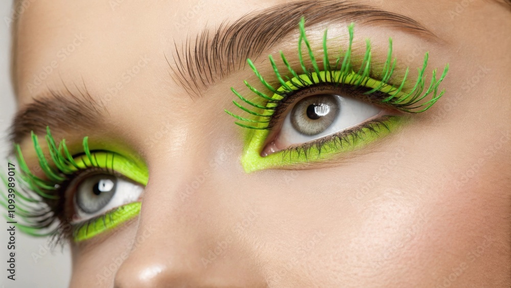 Poster featuring a detailed closeup of eyes this image highlights the bold application of lime green mascar